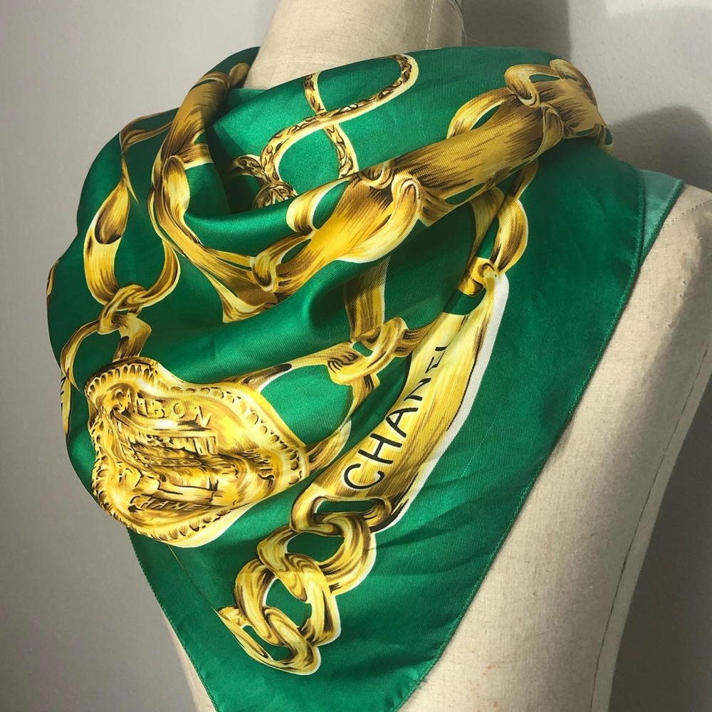 Vintage Chanel silk scarf green and gold.